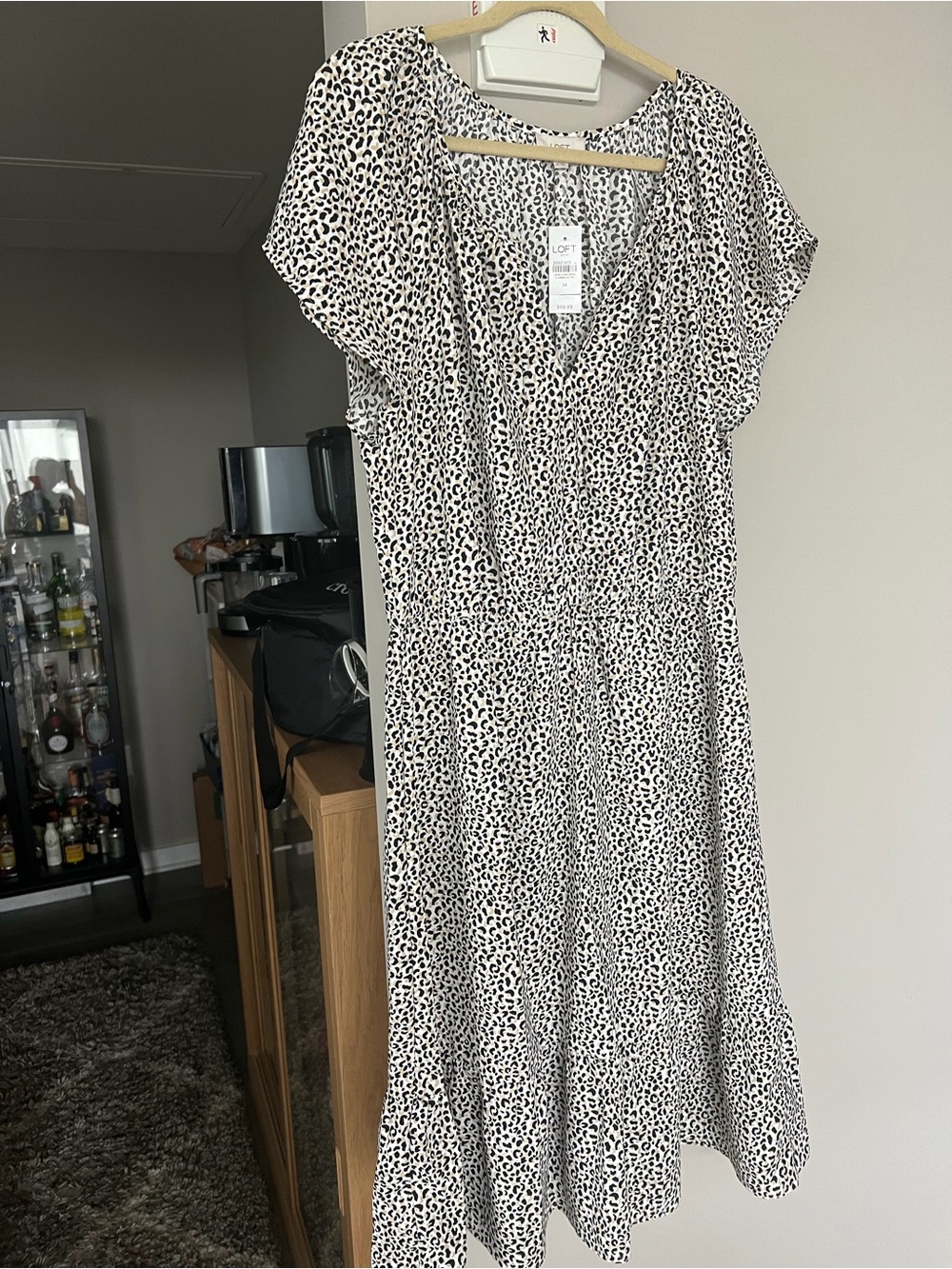 LOFT White and Black Leopard Print V-Neck Midi Dress